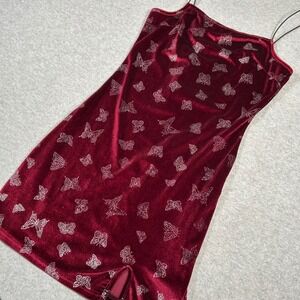 MYodnbuk Dress Women SZ 6 Red Silver Butterfly Y2K Mini Velvet Spaghetti‎ Strap